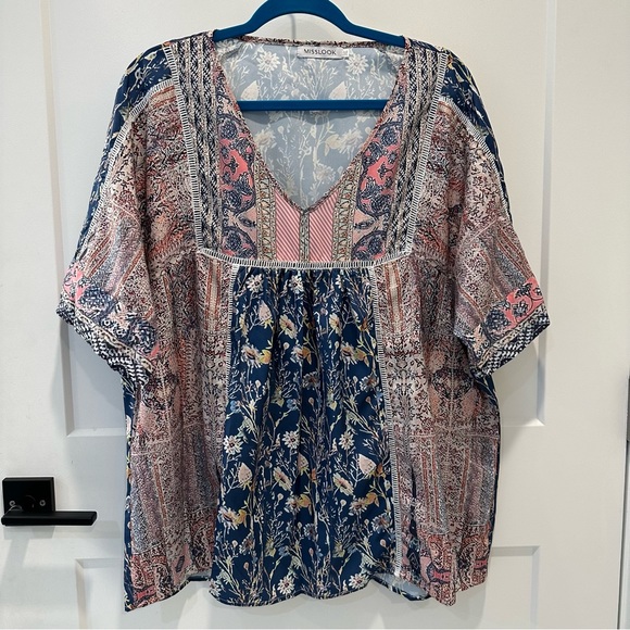 MISSLOOK Women's Colorful Floral V Neck Short Sleeve Blouse Size 3XL - Picture 2 of 8